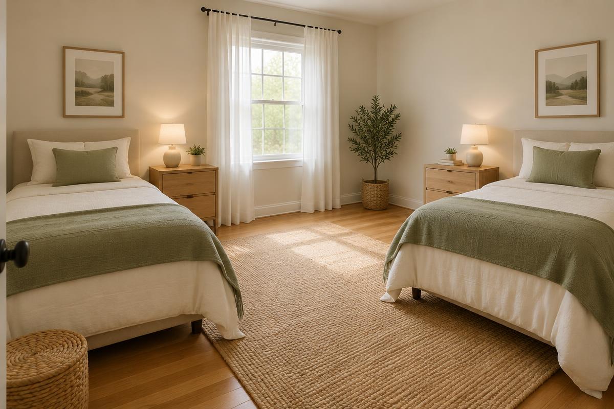 A calm, gender-neutral bedroom with two twin beds, each with its own two-drawer dresser chest