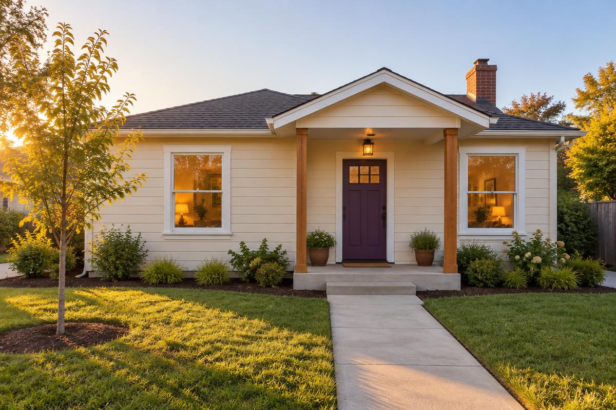Front of a simple single-story house with a covered porch and a purple front door